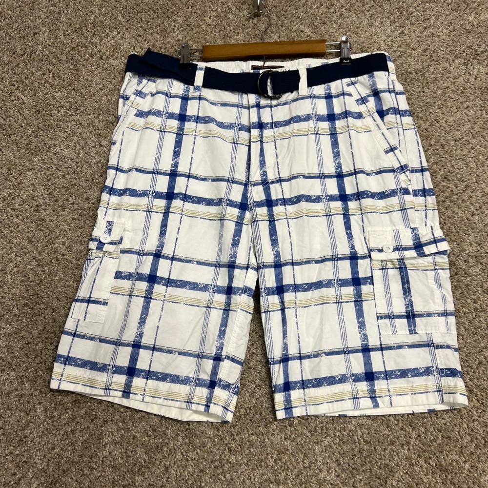 Wear First Mens Plaid Cargo Shorts Size 38 White Blue With Belt 75% Cotton Blend